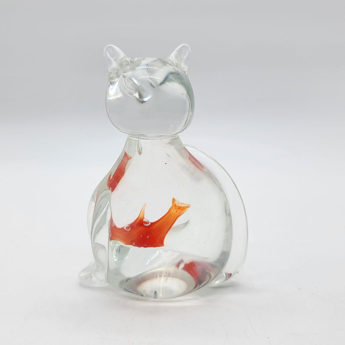 Hand-Blown Glass Cat Sculpture With GoldFish In Belly (b)
