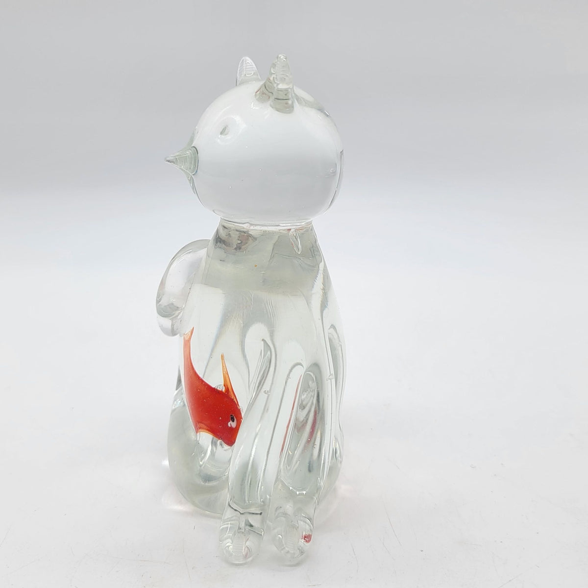 Hand-Blown Glass Cat Sculpture With GoldFish In Belly (b)