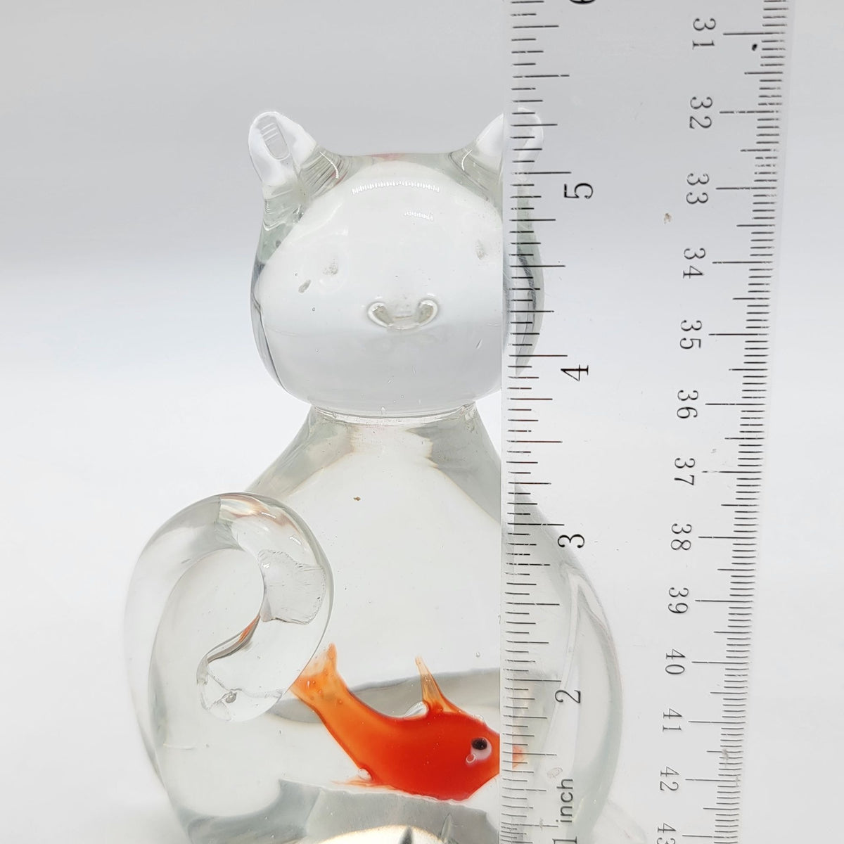 Hand-Blown Glass Cat Sculpture With GoldFish In Belly (b)