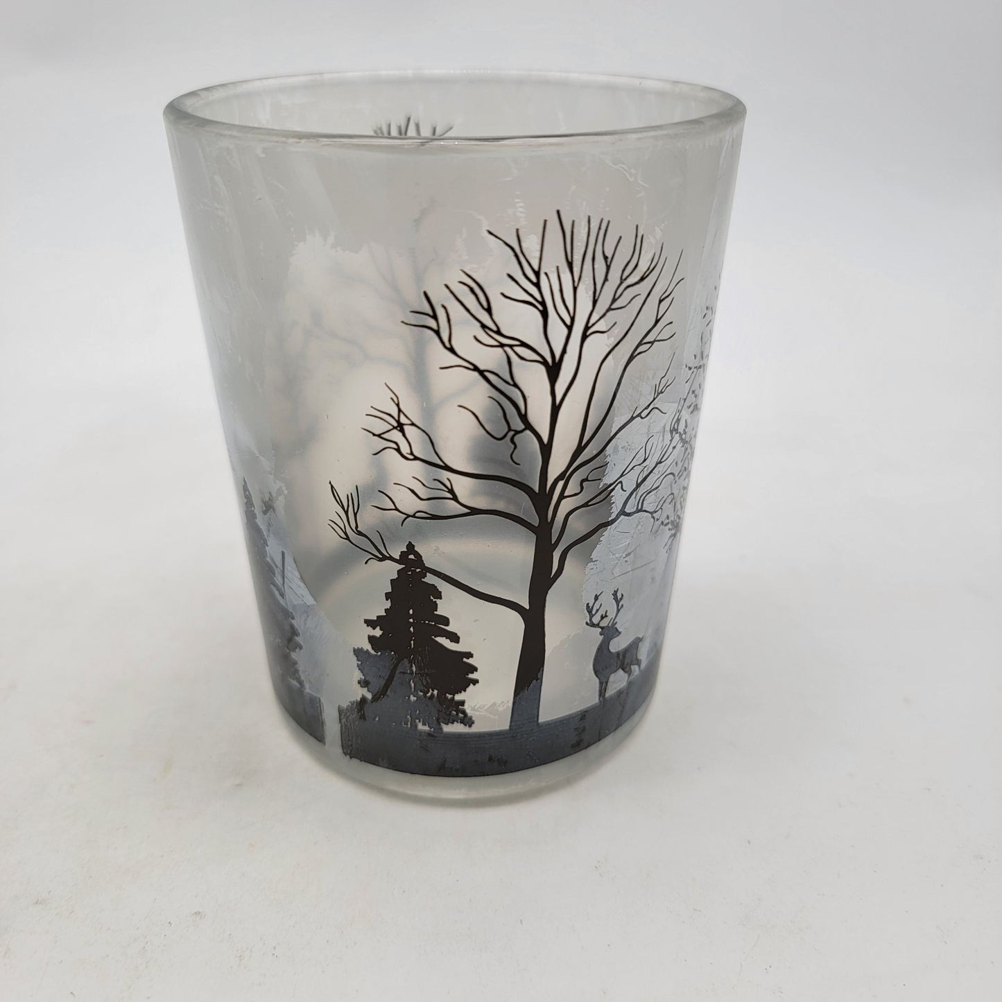 Frosted Etched Glass Candle Holder With Forest Scene