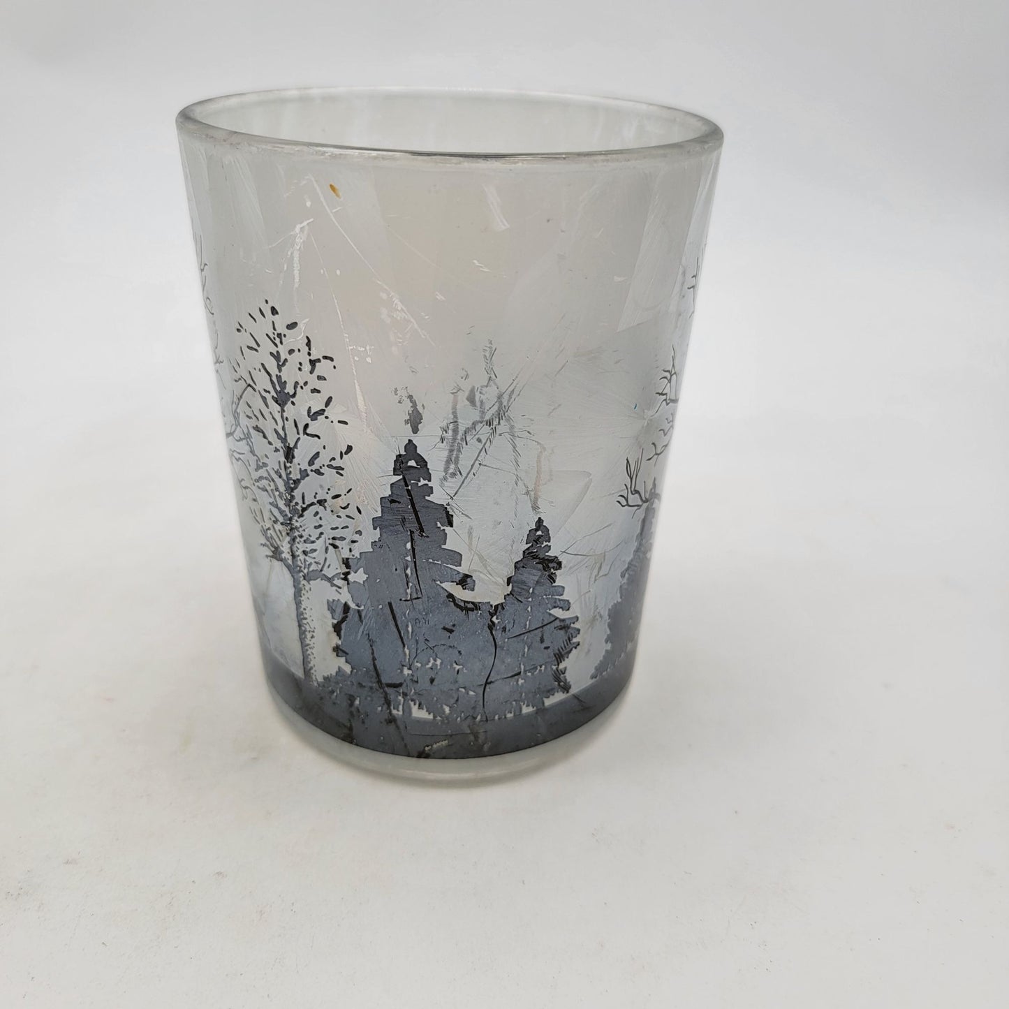 Frosted Etched Glass Candle Holder With Forest Scene
