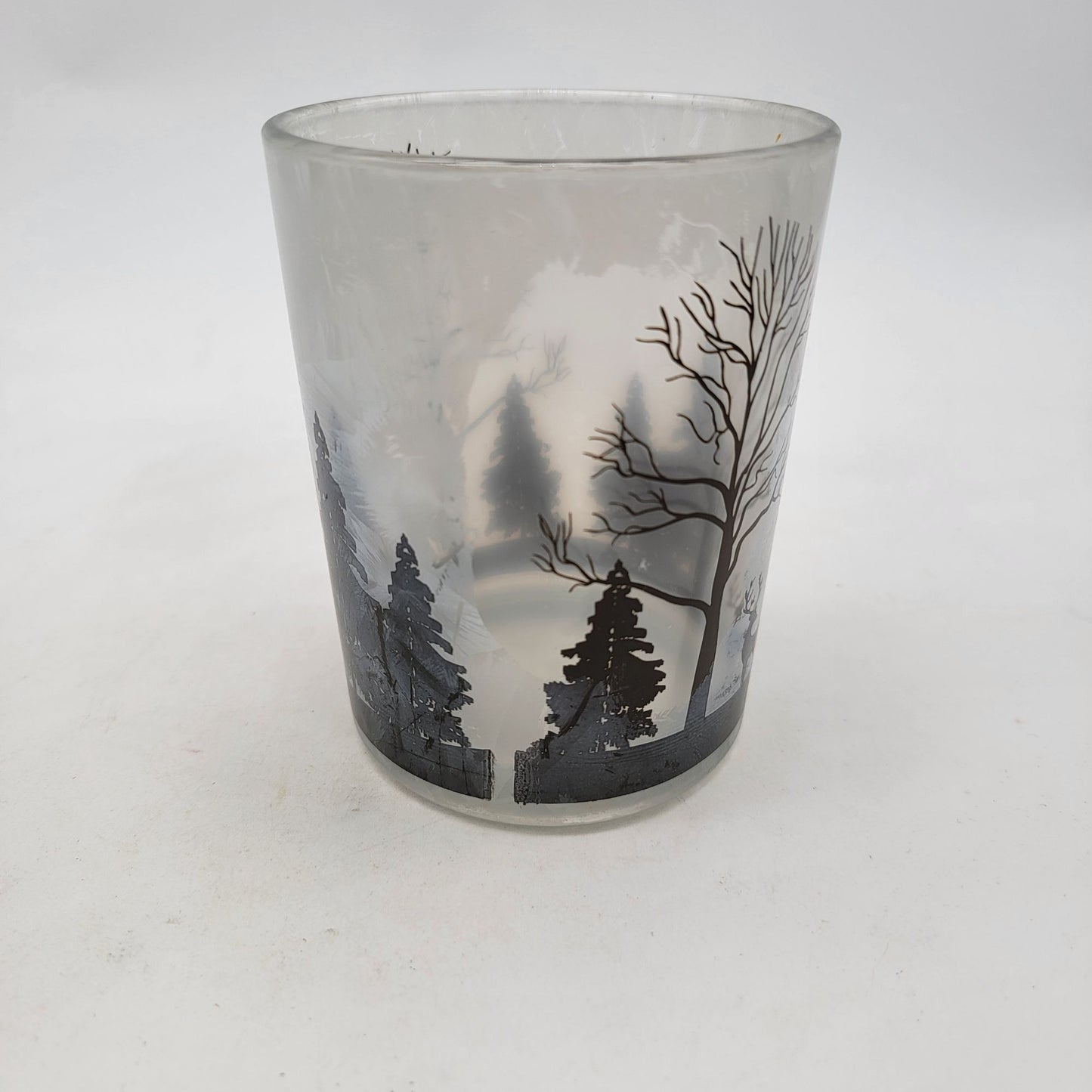 Frosted Etched Glass Candle Holder With Forest Scene