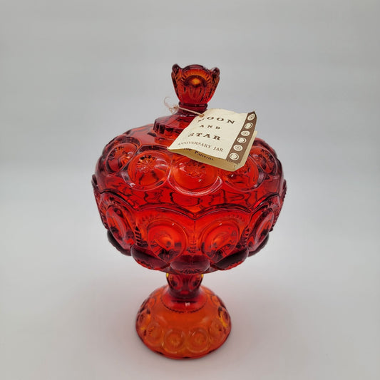 Vintage L.E. Smith Moon & Star Amberina Anniversary Jar Lidded Compote With Original Tag