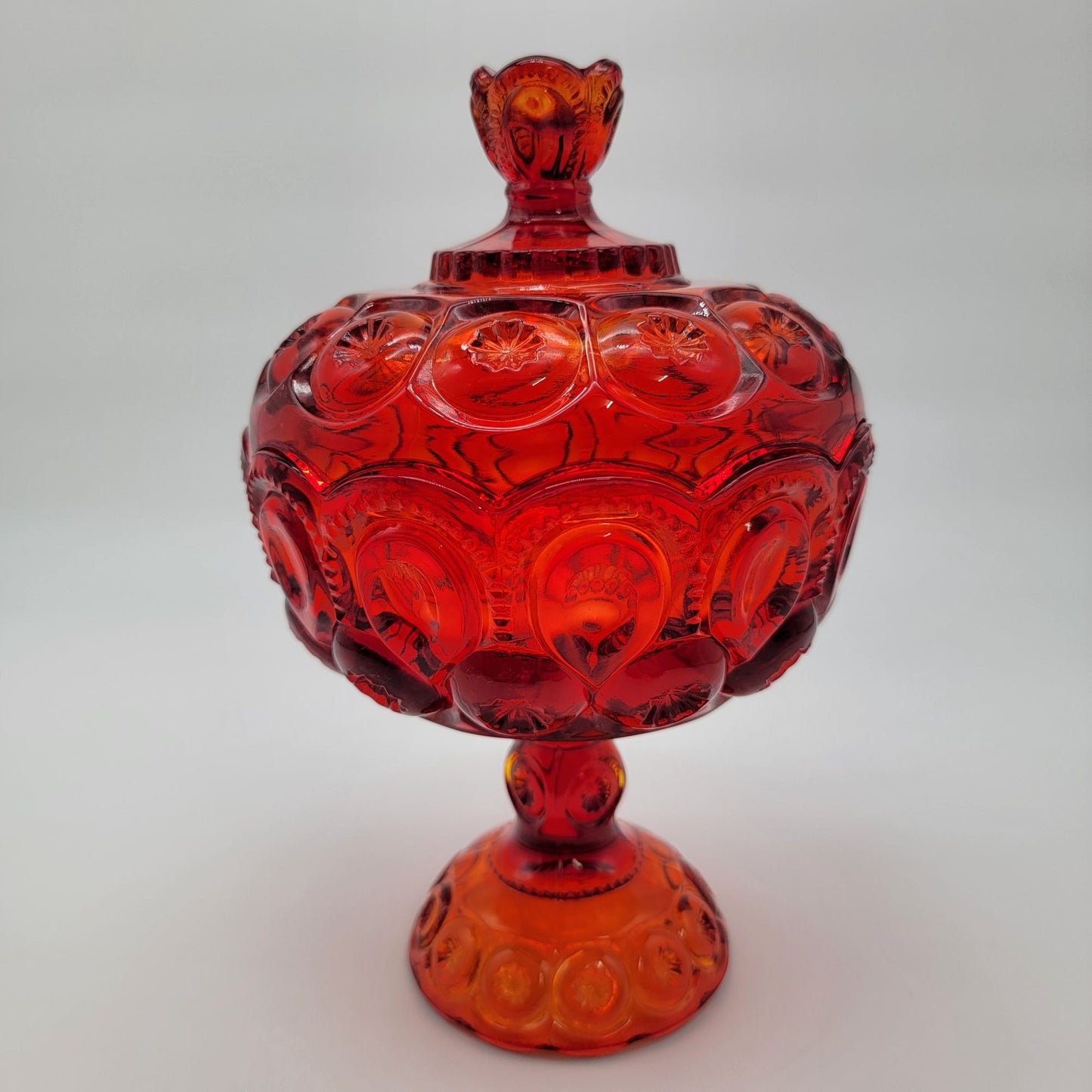 Vintage L.E. Smith Moon & Star Amberina Anniversary Jar Lidded Compote With Original Tag