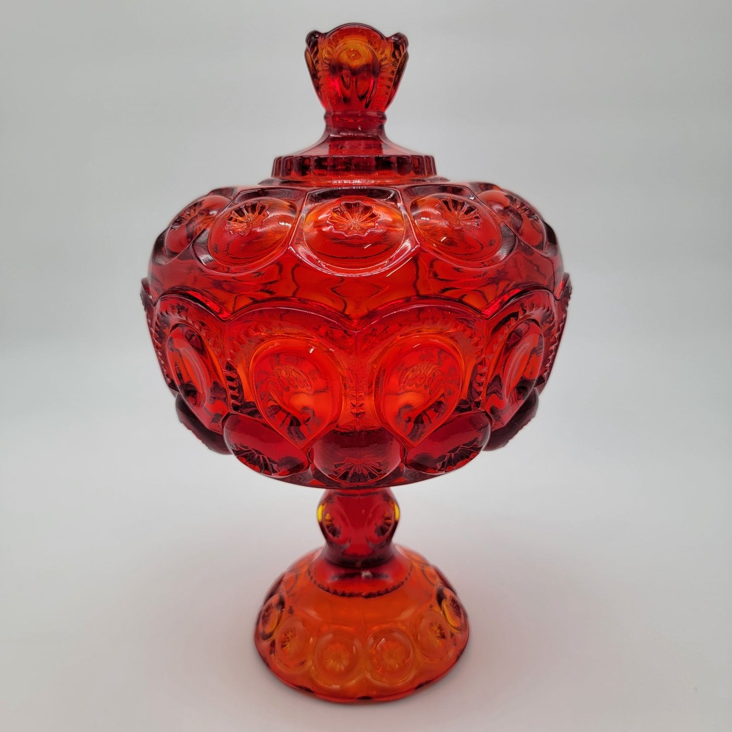 Vintage L.E. Smith Moon & Star Amberina Anniversary Jar Lidded Compote With Original Tag