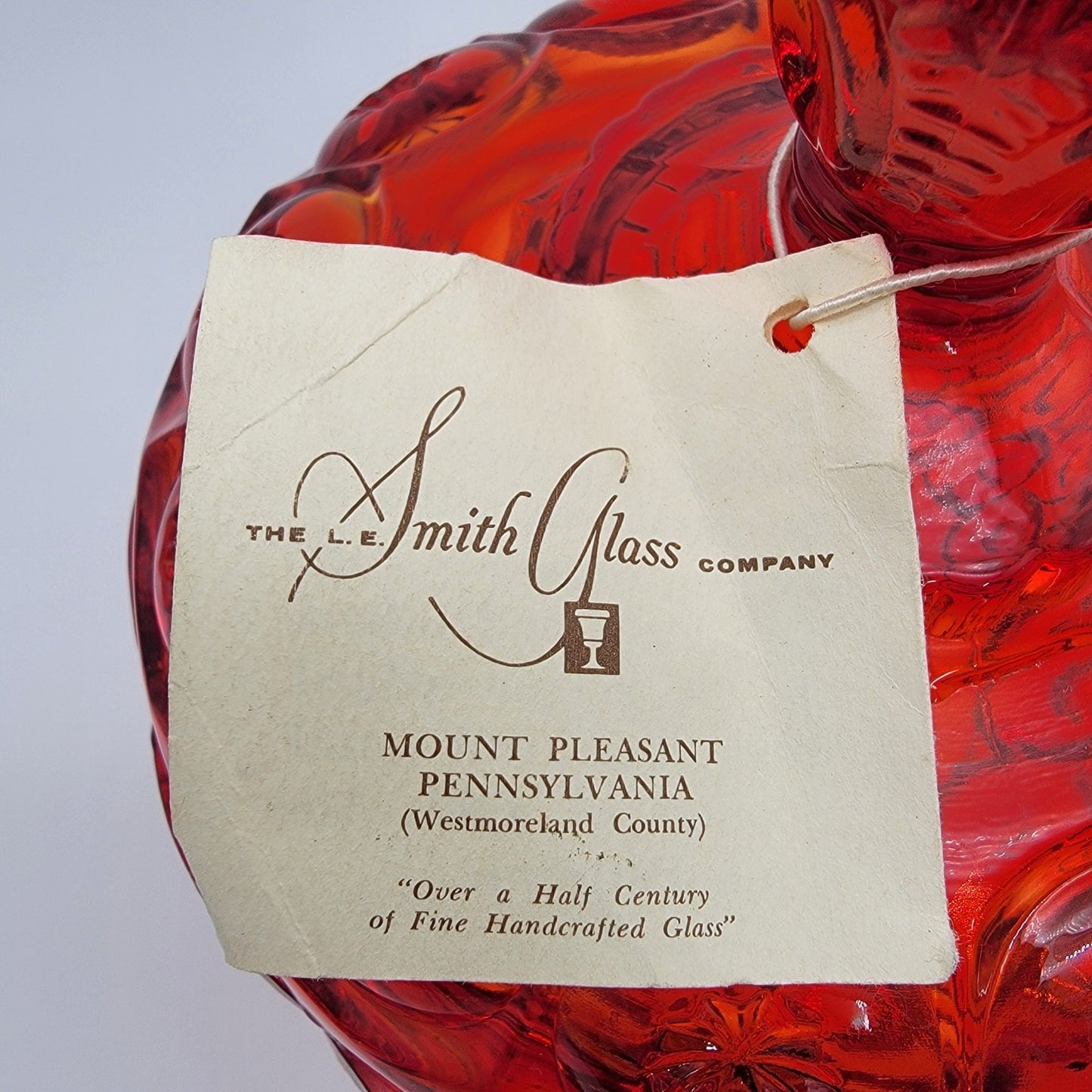 Vintage L.E. Smith Moon & Star Amberina Anniversary Jar Lidded Compote With Original Tag