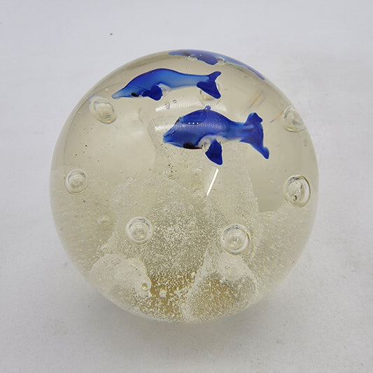 Vintage Art Glass Blue Dolphin Paperweight With Controlled Bubbles