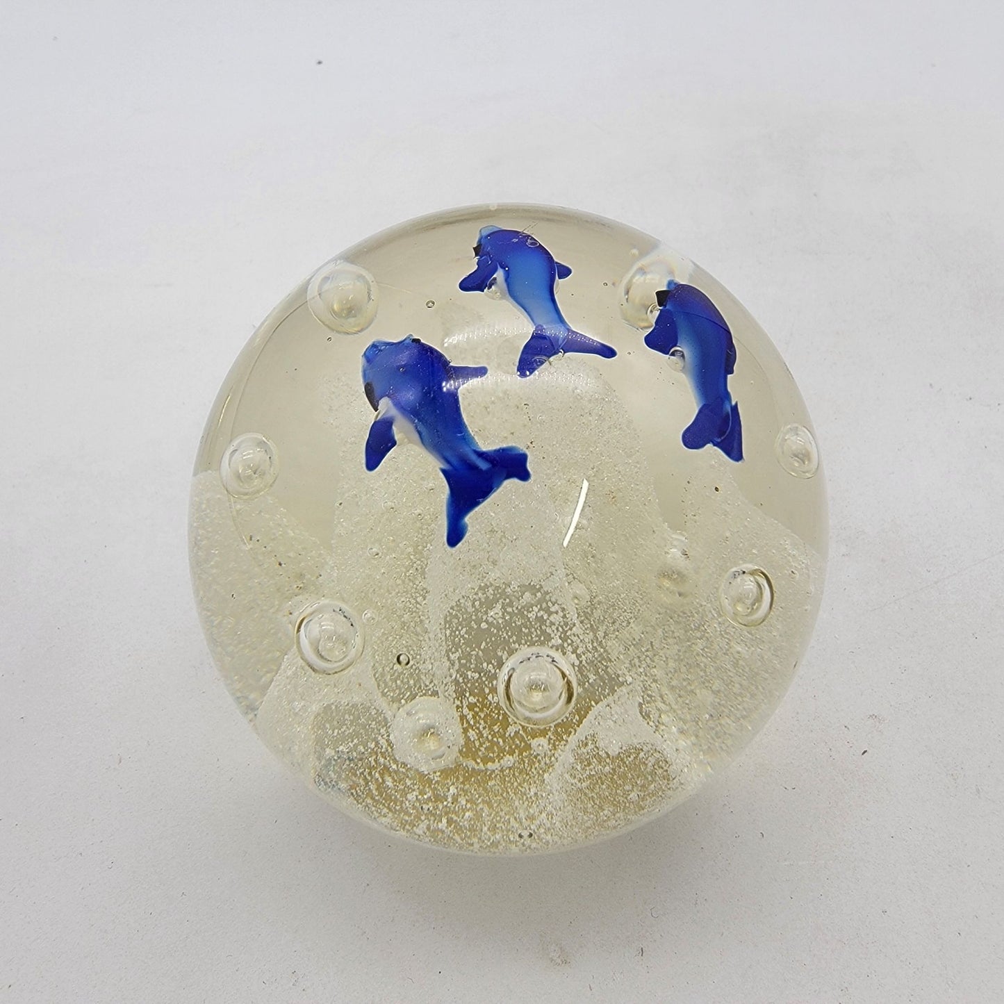 Vintage Art Glass Blue Dolphin Paperweight With Controlled Bubbles