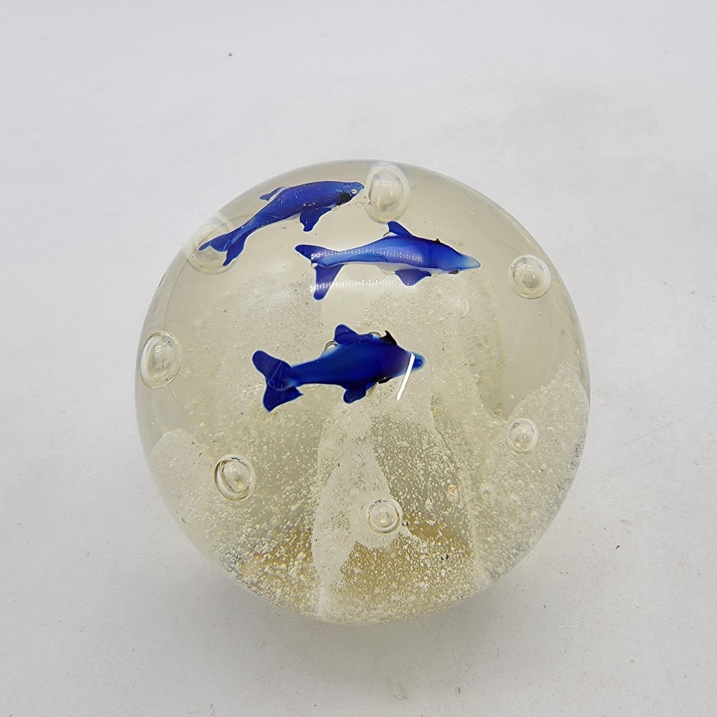 Vintage Art Glass Blue Dolphin Paperweight With Controlled Bubbles