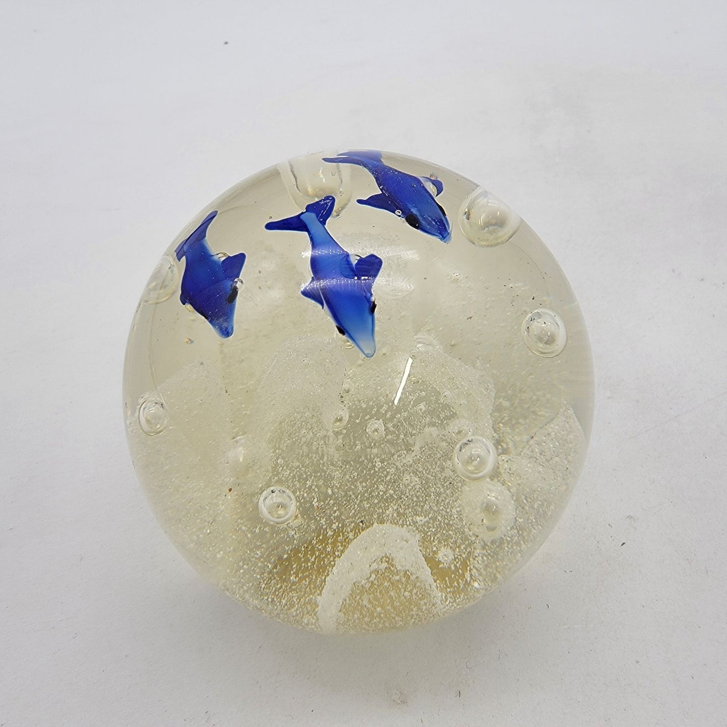 Vintage Art Glass Blue Dolphin Paperweight With Controlled Bubbles