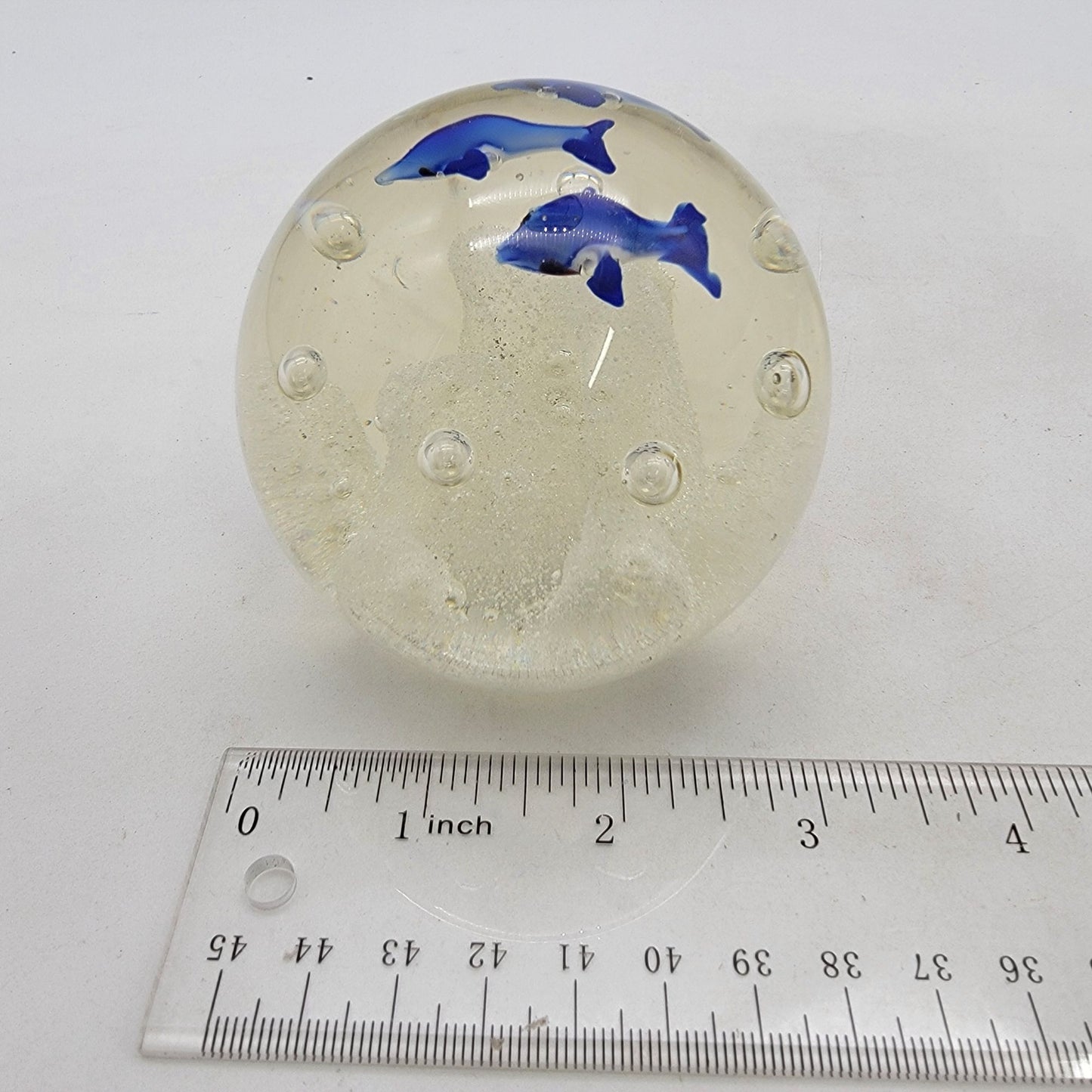 Vintage Art Glass Blue Dolphin Paperweight With Controlled Bubbles