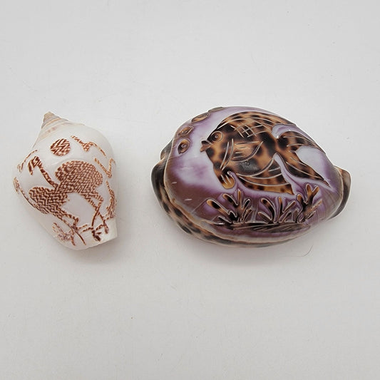 Pair of Carved Cowrie & Conus Shells Fish & Flamingo
