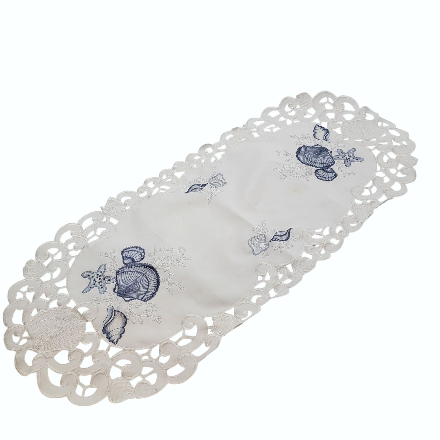 Embroidered White Lace Table Runner With Nautical Shell Design