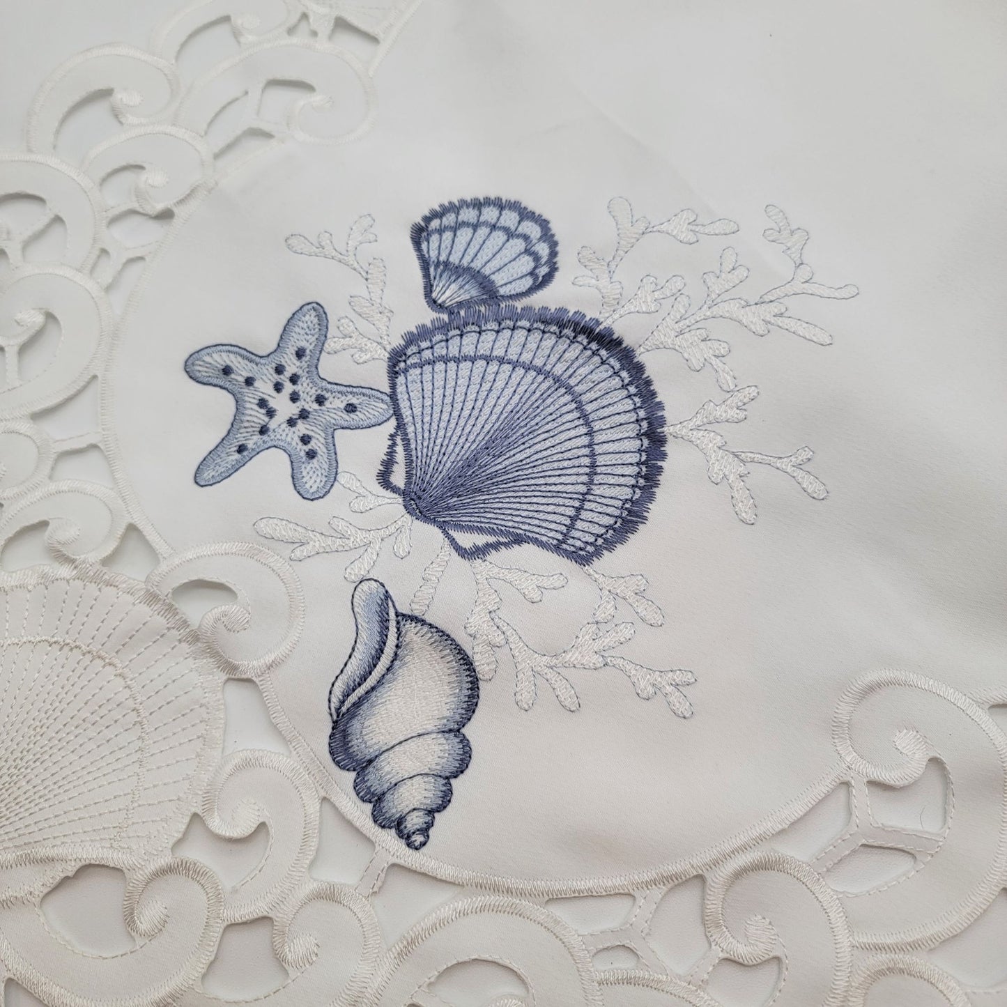 Embroidered White Lace Table Runner With Nautical Shell Design