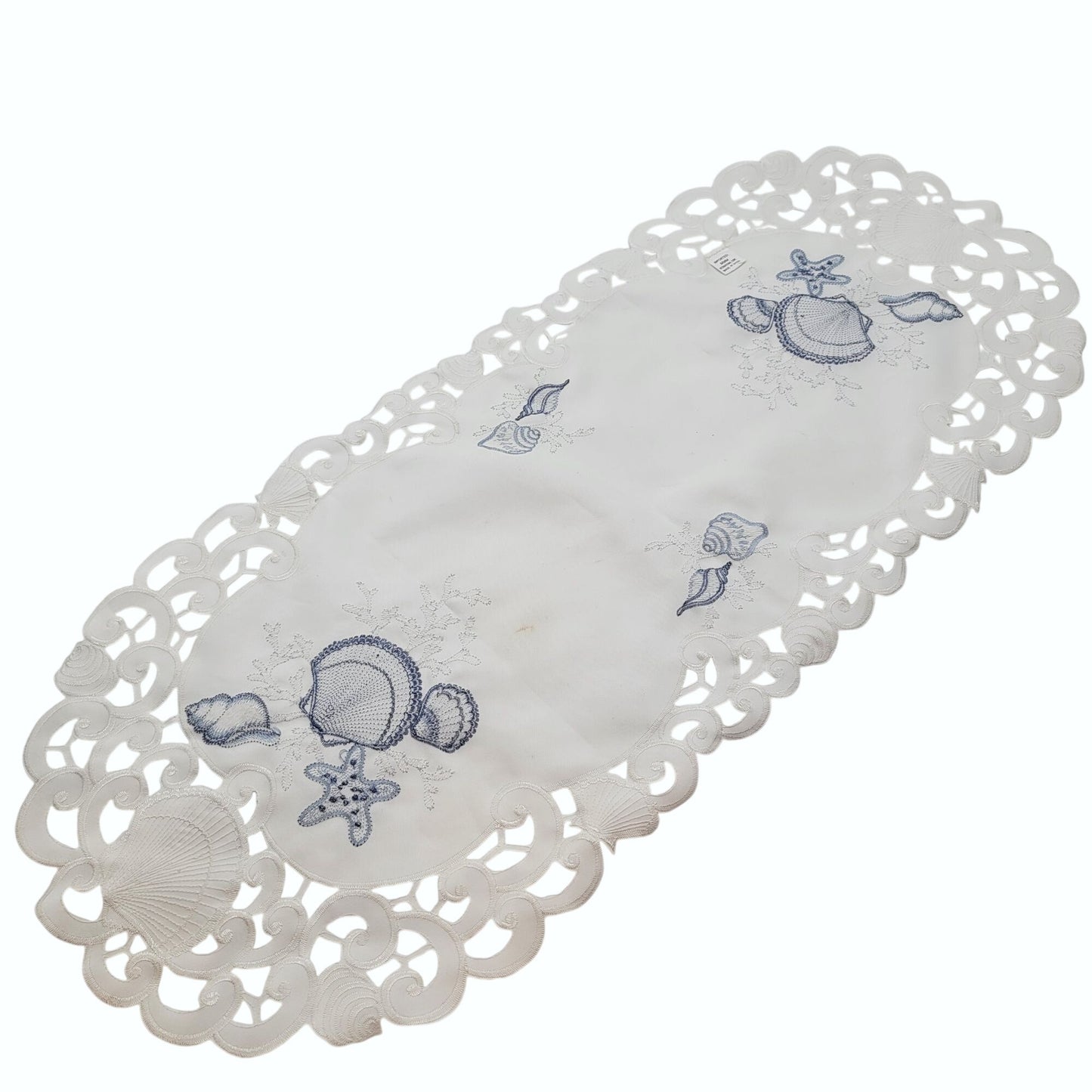 Embroidered White Lace Table Runner With Nautical Shell Design