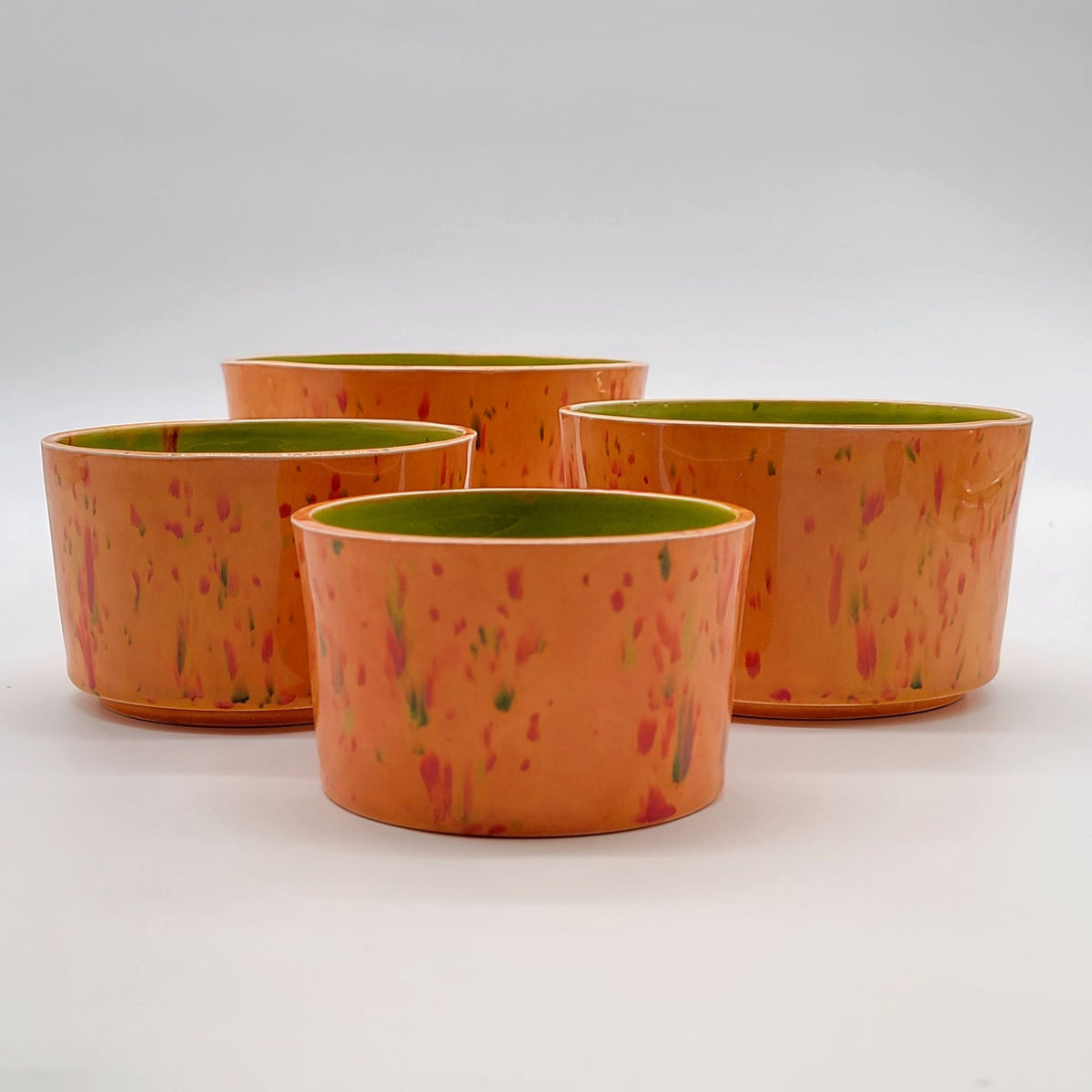 1960s Orange & Green Pottery Nesting Planters Set Of 4