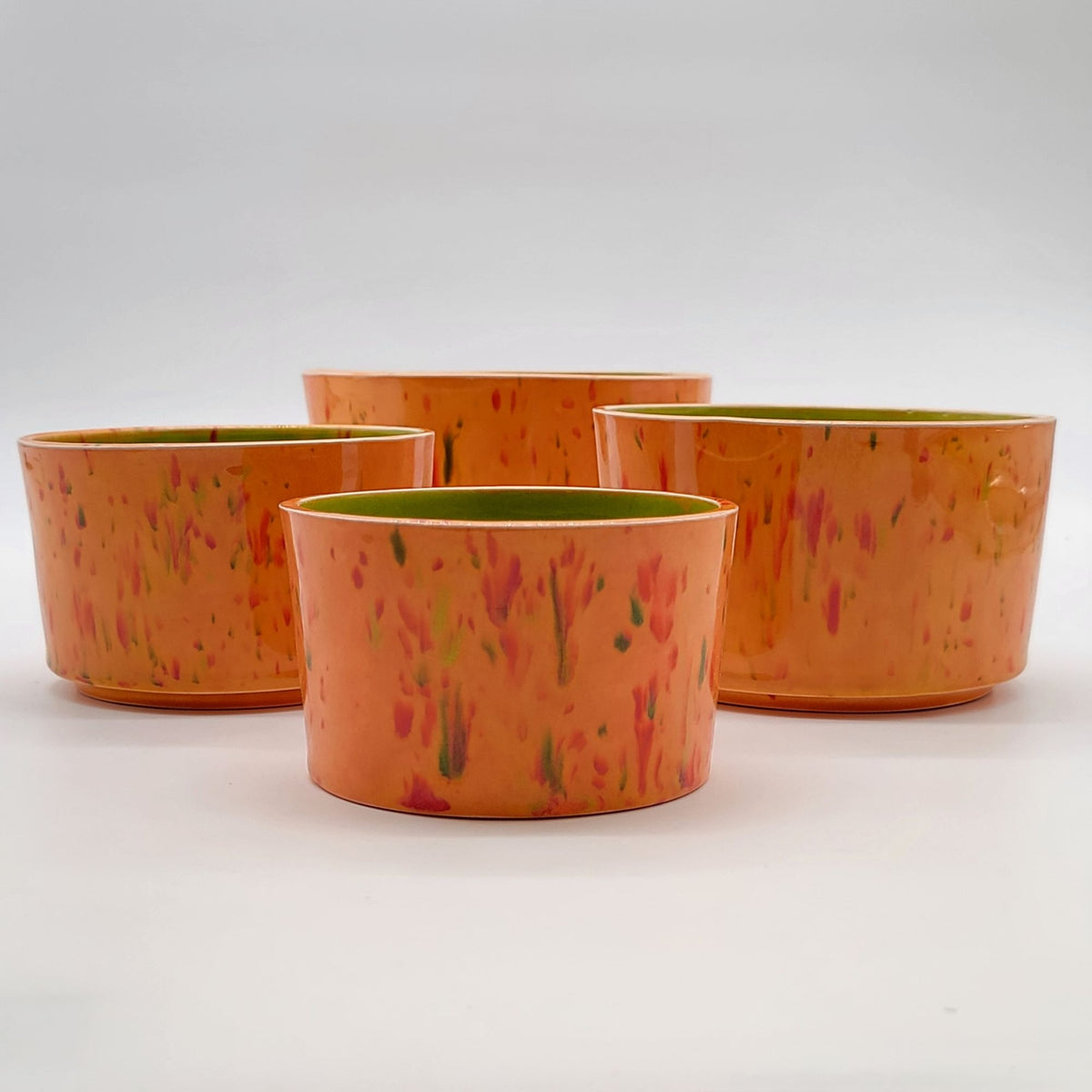1960s Orange & Green Pottery Nesting Planters Set Of 4