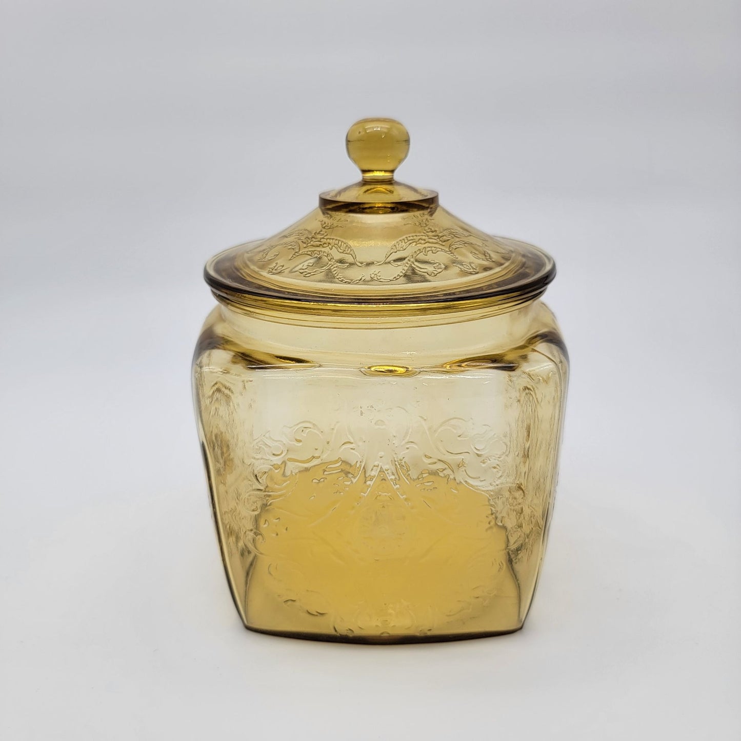 Vintage 1930s Depression Federal Glass Madrid Pattern Amber Glass Cookie / Biscuit Jar With Lid