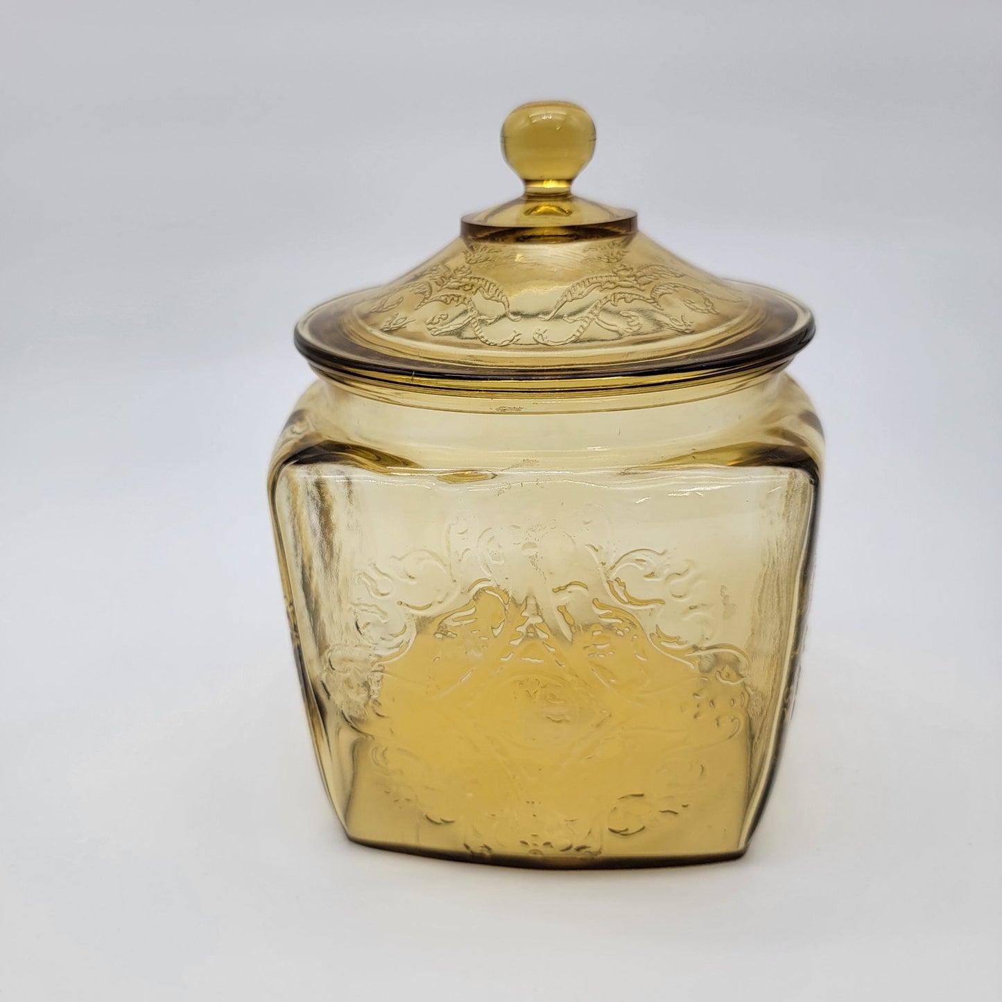 Vintage 1930s Depression Federal Glass Madrid Pattern Amber Glass Cookie / Biscuit Jar With Lid