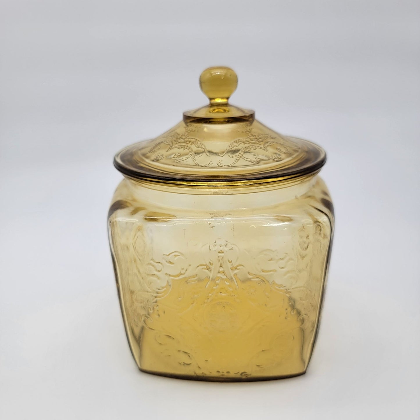 Vintage 1930s Depression Federal Glass Madrid Pattern Amber Glass Cookie / Biscuit Jar With Lid