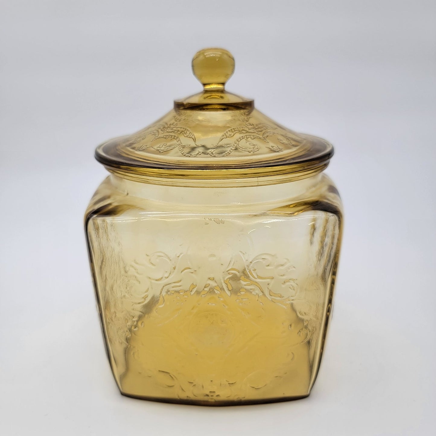 Vintage 1930s Depression Federal Glass Madrid Pattern Amber Glass Cookie / Biscuit Jar With Lid