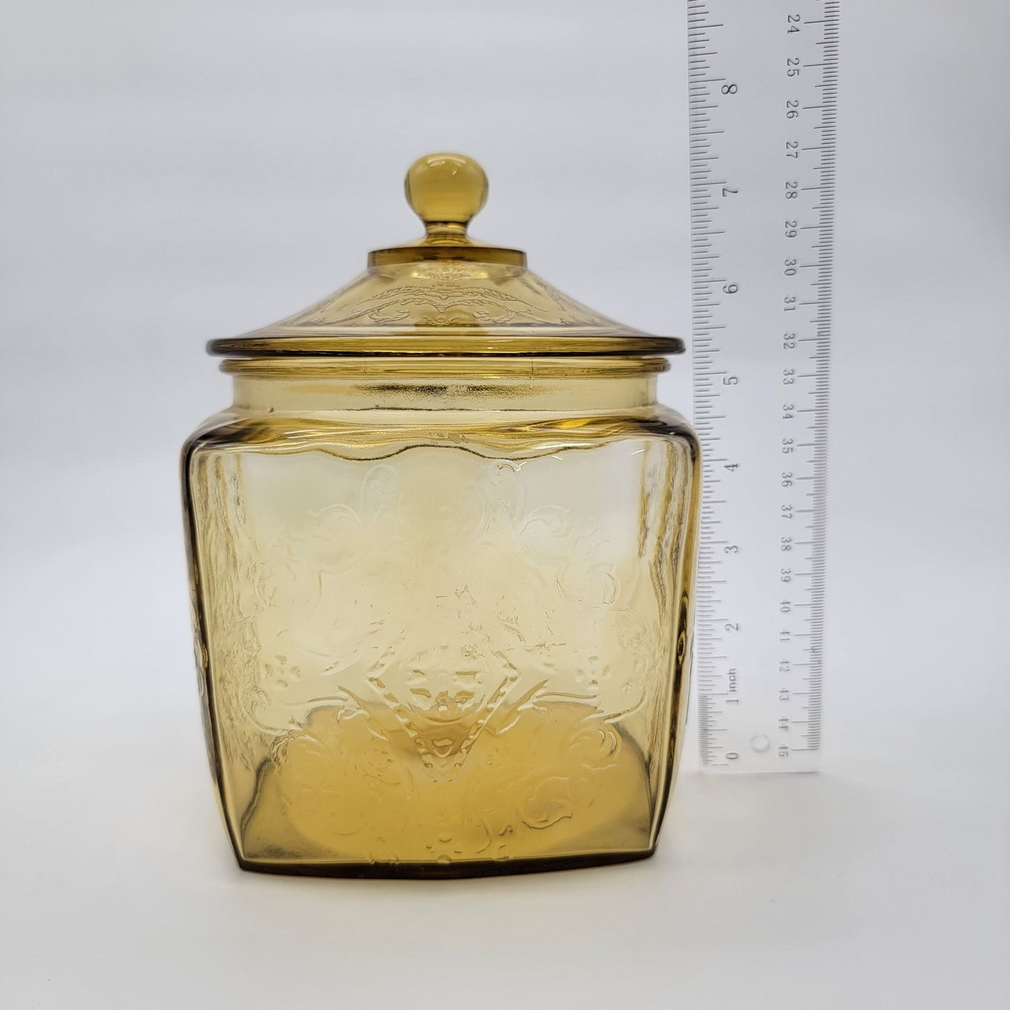 Vintage 1930s Depression Federal Glass Madrid Pattern Amber Glass Cookie / Biscuit Jar With Lid