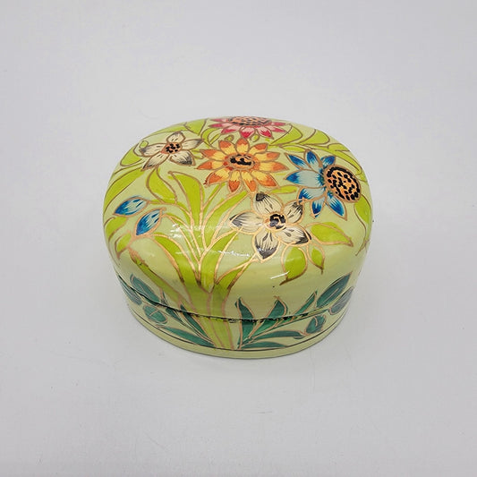 Vintage Kashmir India Lacquered Trinket Box Wildflowers