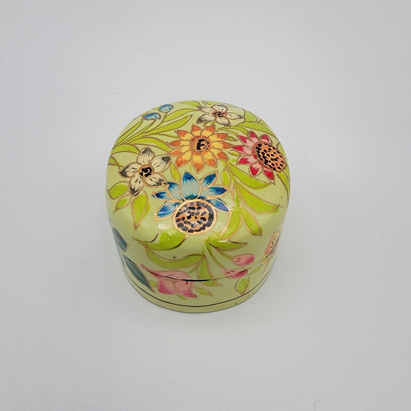 Vintage Kashmir India Lacquered Trinket Box Wildflowers