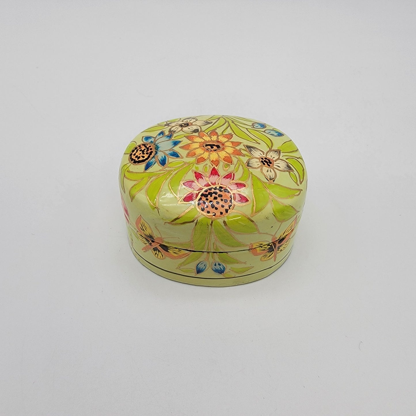 Vintage Kashmir India Lacquered Trinket Box Wildflowers
