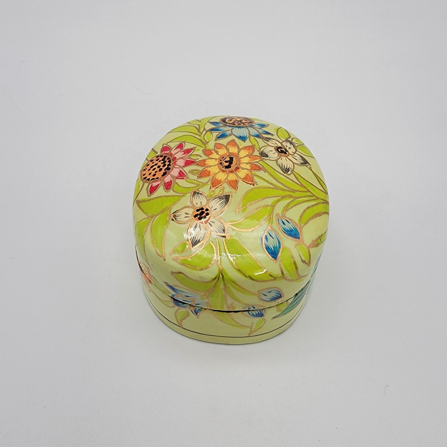 Vintage Kashmir India Lacquered Trinket Box Wildflowers