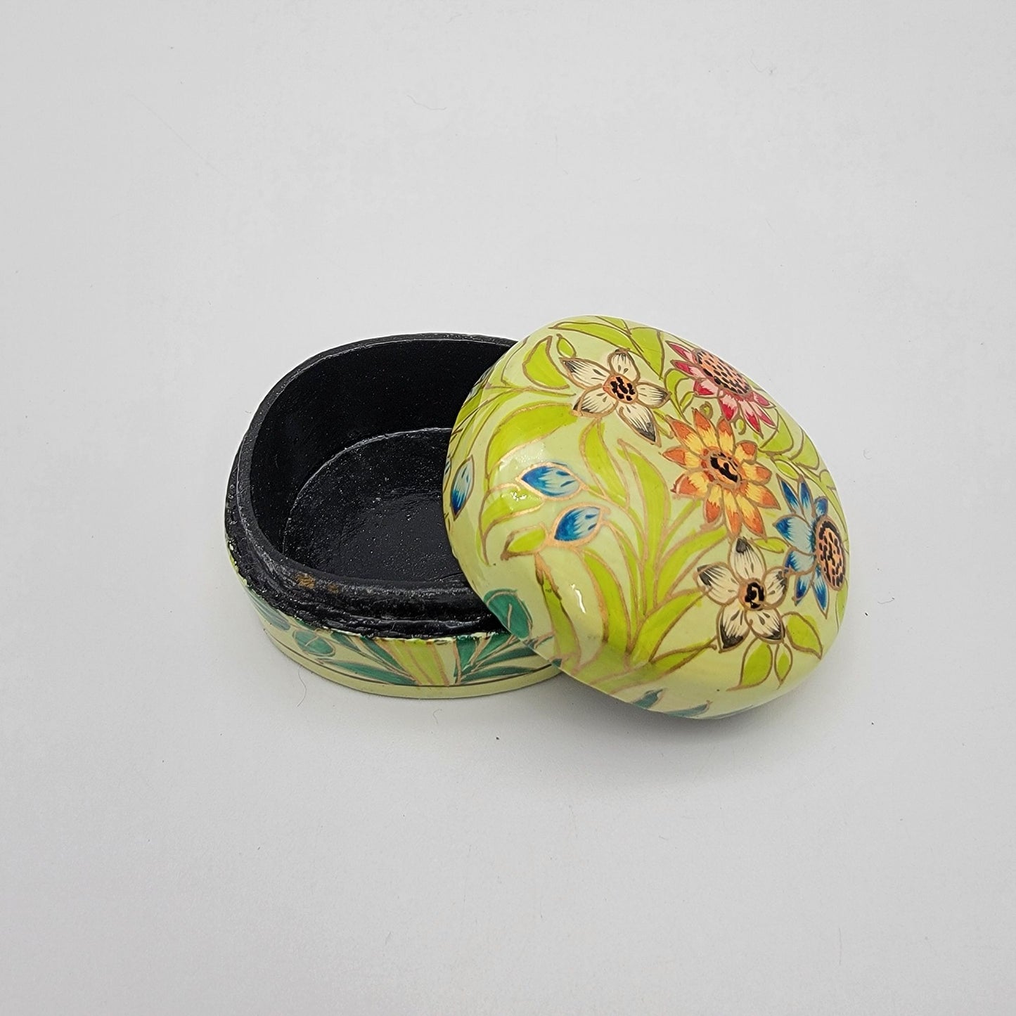 Vintage Kashmir India Lacquered Trinket Box Wildflowers