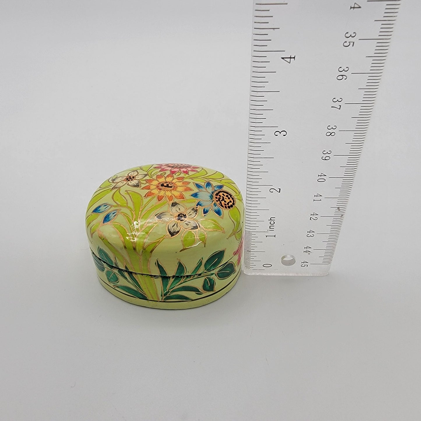 Vintage Kashmir India Lacquered Trinket Box Wildflowers