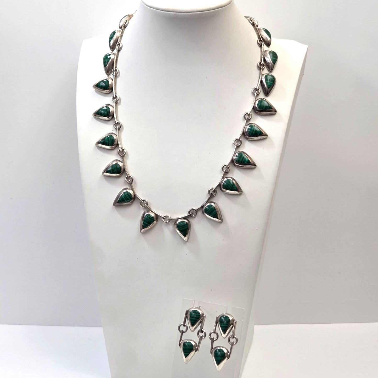 Vintage Taxco TM-283 950 Silver Teardrop Malachite Necklace & Dangle Earrings Set