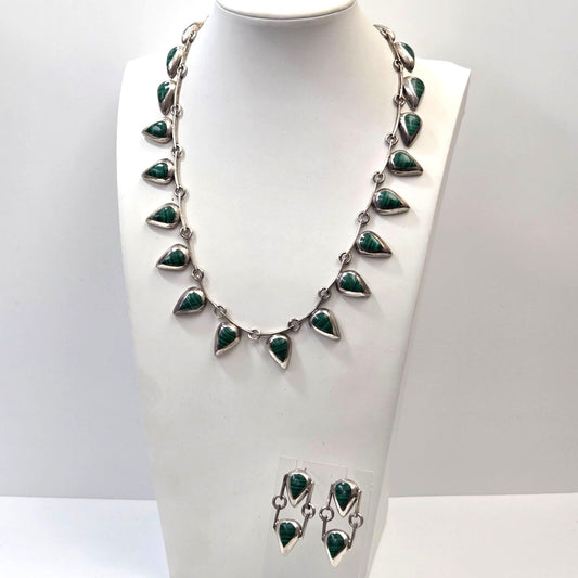 Vintage Taxco TM-283 950 Silver Teardrop Malachite Necklace & Dangle Earrings Set