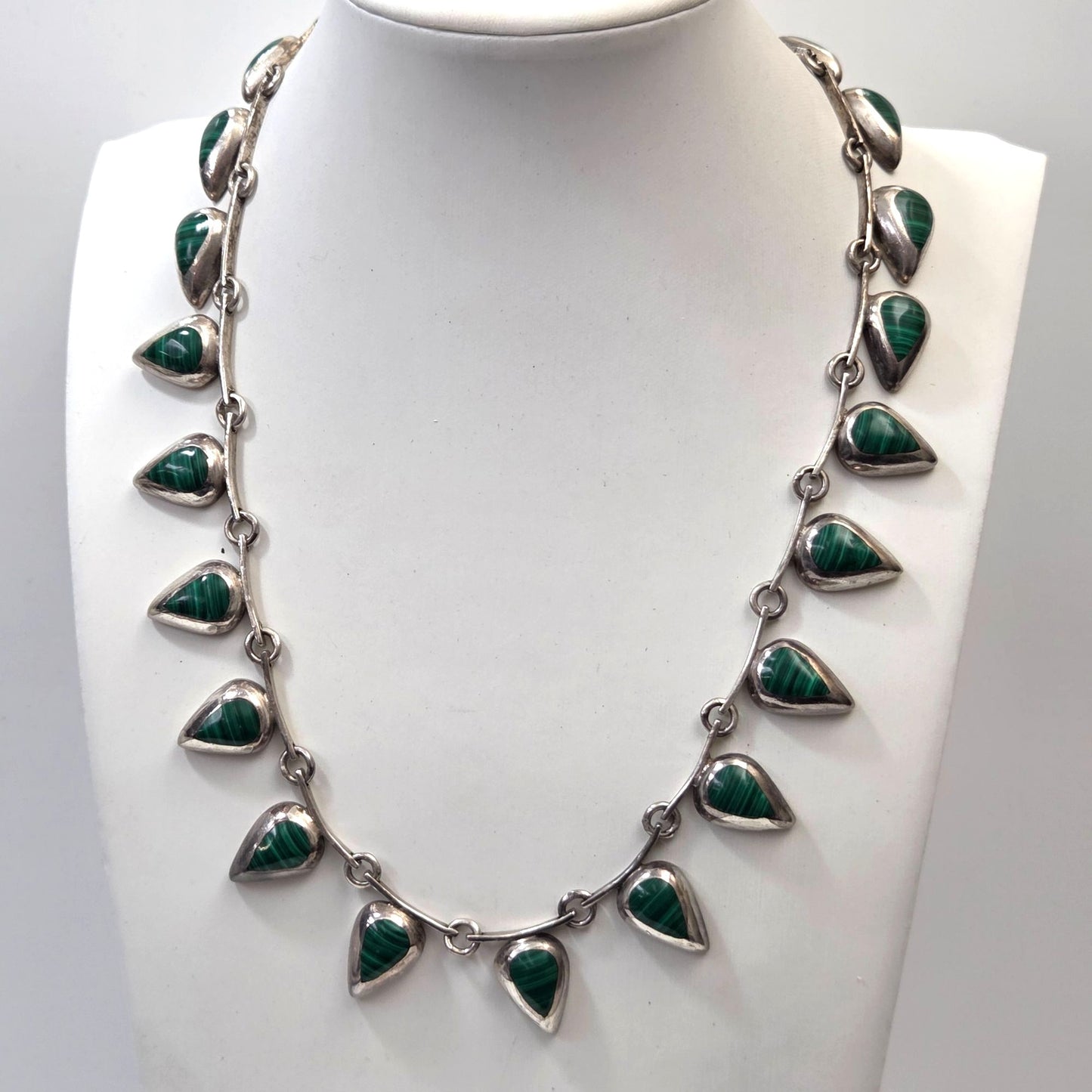 Vintage Taxco TM-283 950 Silver Teardrop Malachite Necklace & Dangle Earrings Set