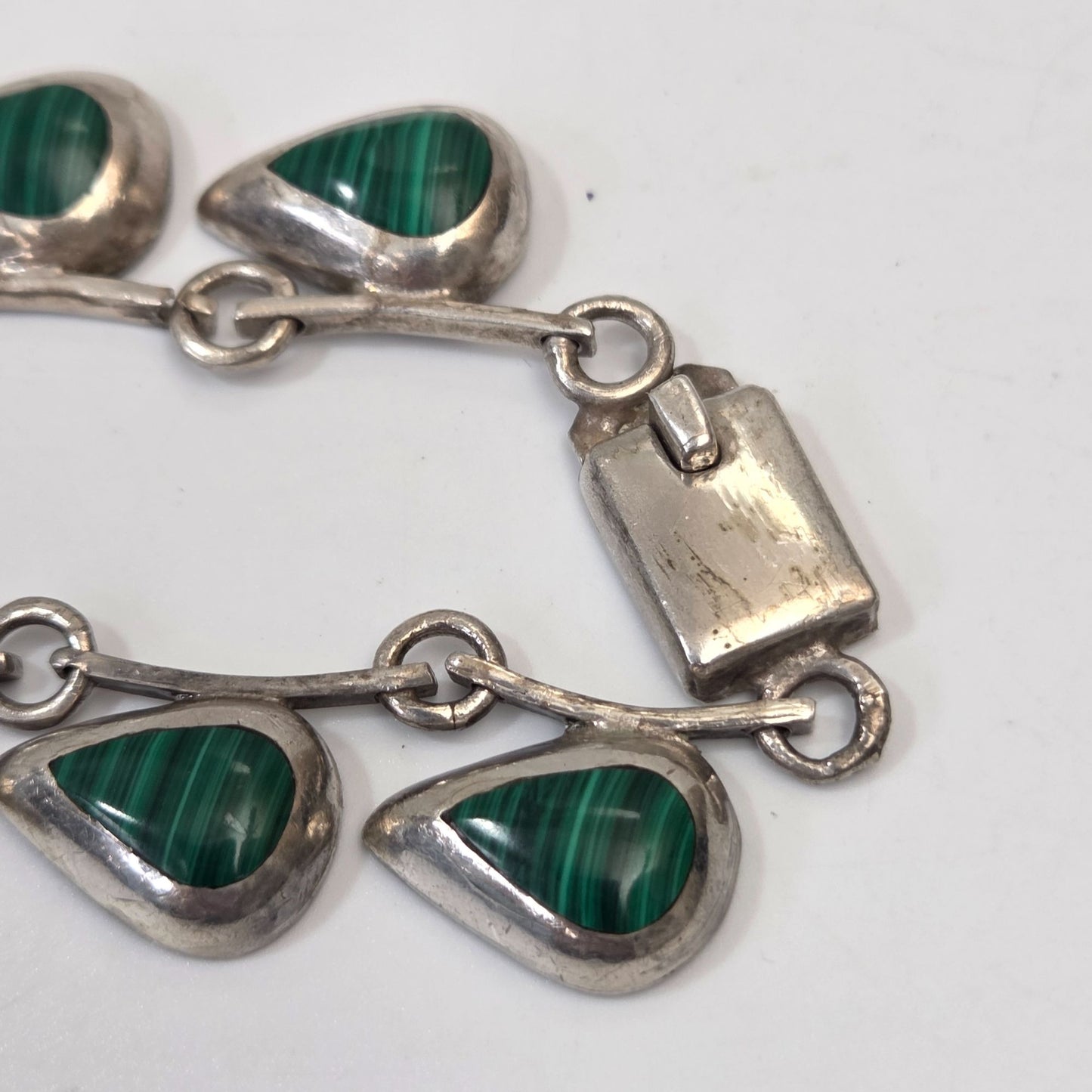 Vintage Taxco TM-283 950 Silver Teardrop Malachite Necklace & Dangle Earrings Set