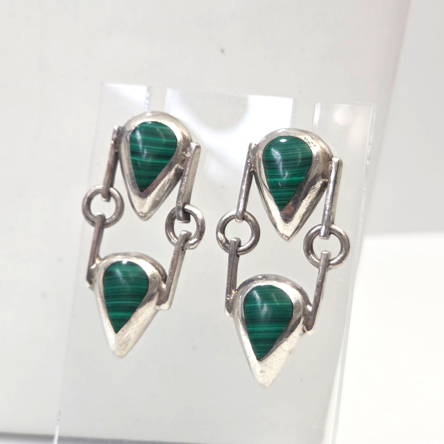 Vintage Taxco TM-283 950 Silver Teardrop Malachite Necklace & Dangle Earrings Set