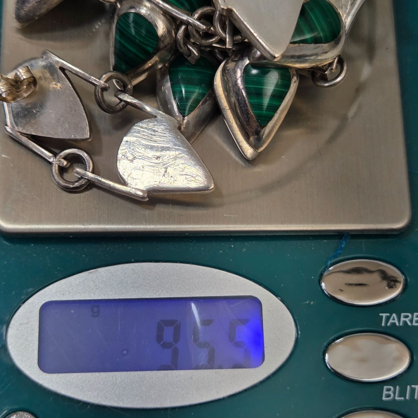 Vintage Taxco TM-283 950 Silver Teardrop Malachite Necklace & Dangle Earrings Set