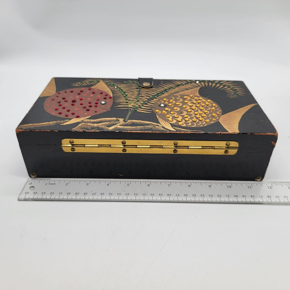 MCM 1960s Handpainted Wooden Box Bejeweled Fish Novelty Purse