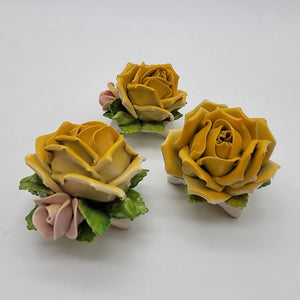 Set Of 3 Vintage Dresden Germany Porcelain Yellow Rose Sculptures
