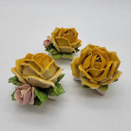 Set Of 3 Vintage Dresden Germany Porcelain Yellow Rose Sculptures