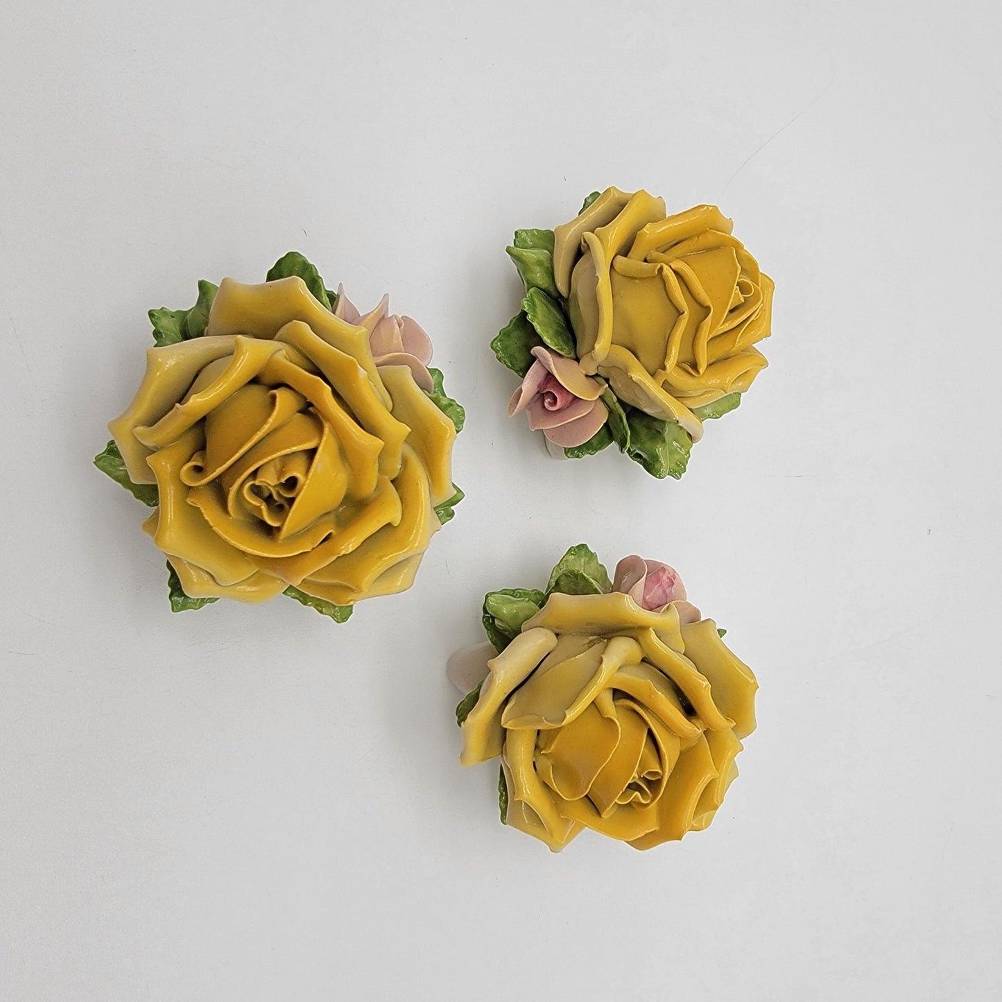 Set Of 3 Vintage Dresden Germany Porcelain Yellow Rose Sculptures