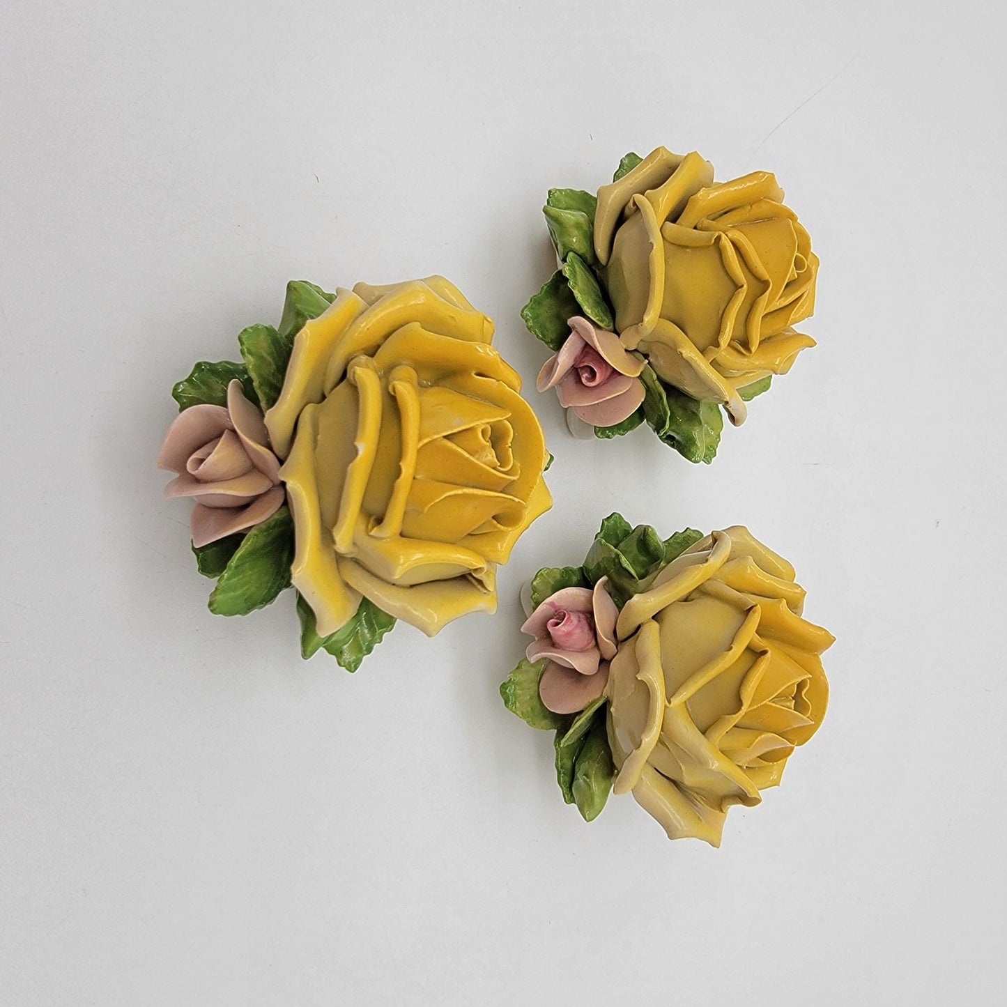 Set Of 3 Vintage Dresden Germany Porcelain Yellow Rose Sculptures