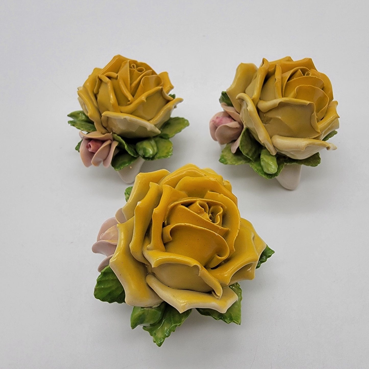Set Of 3 Vintage Dresden Germany Porcelain Yellow Rose Sculptures