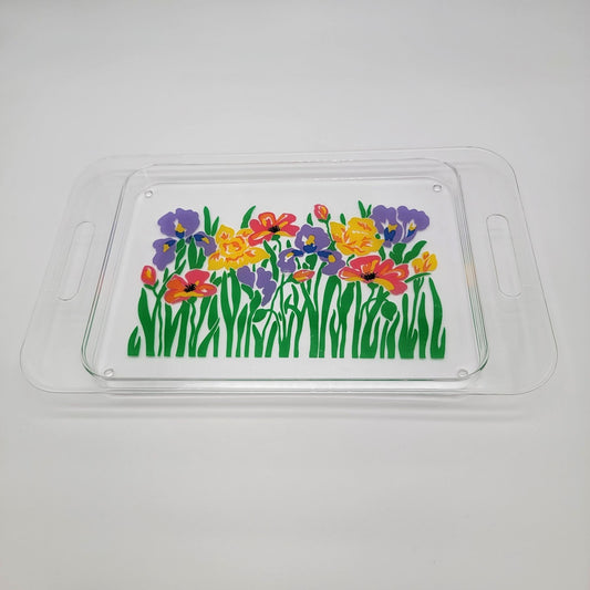 Vintage Acrylic Floral Serving Tray With Handles Colorful Flower Design