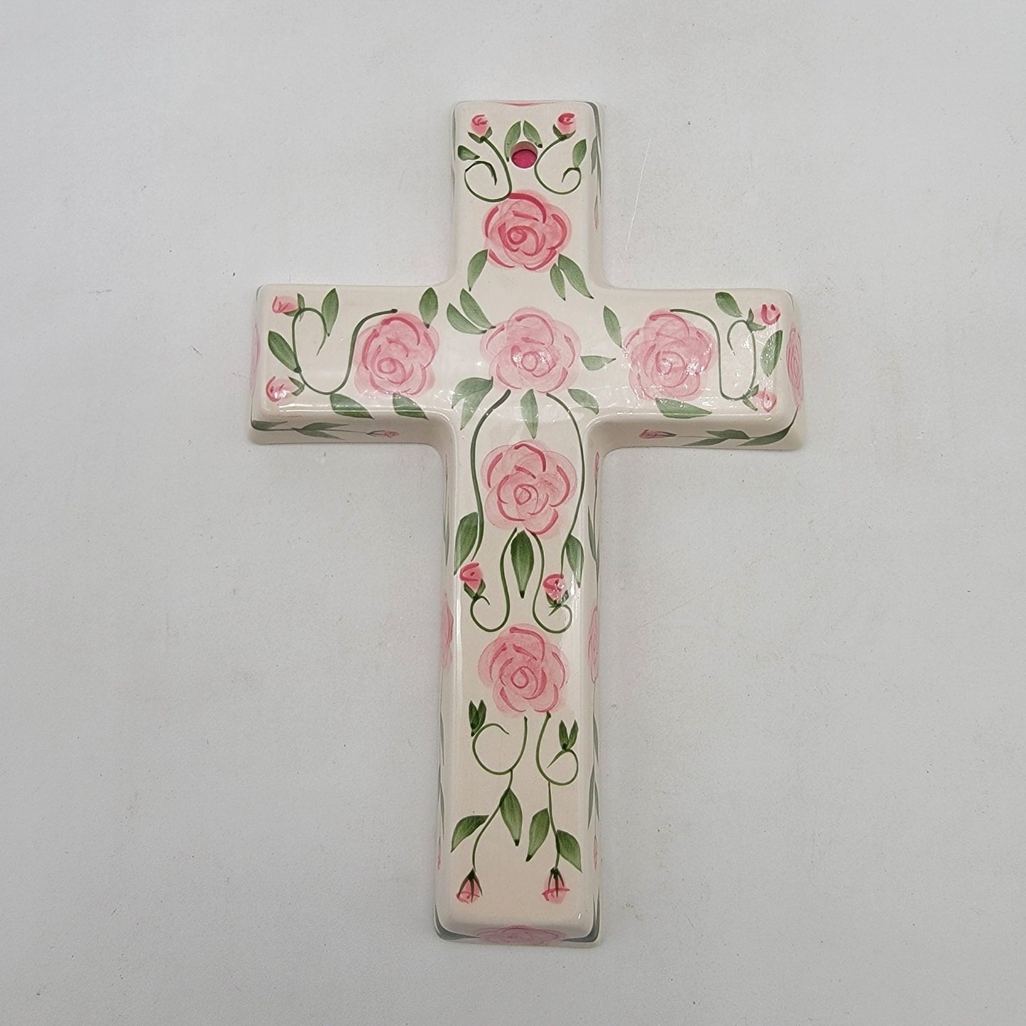 Vintage Porcelain Cross Wall Hanging Ack Trading Co. Pink Roses