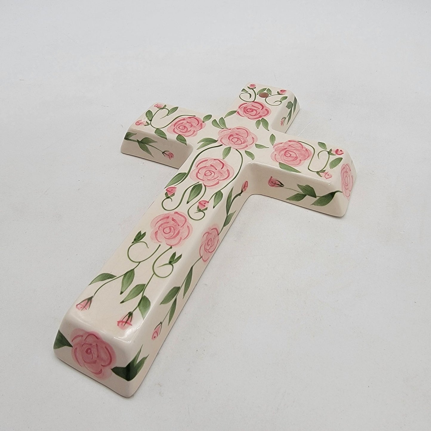 Vintage Porcelain Cross Wall Hanging Ack Trading Co. Pink Roses