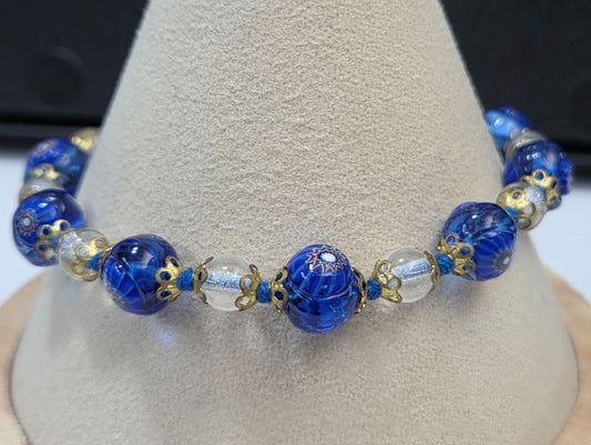 Vintage Venetian Dichroic Glass Beaded Bracelet Gold-Tone Accents