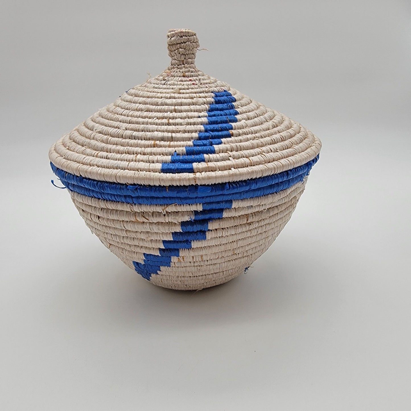African Grass Blue Swirl Coiled Woven Basket With Lid