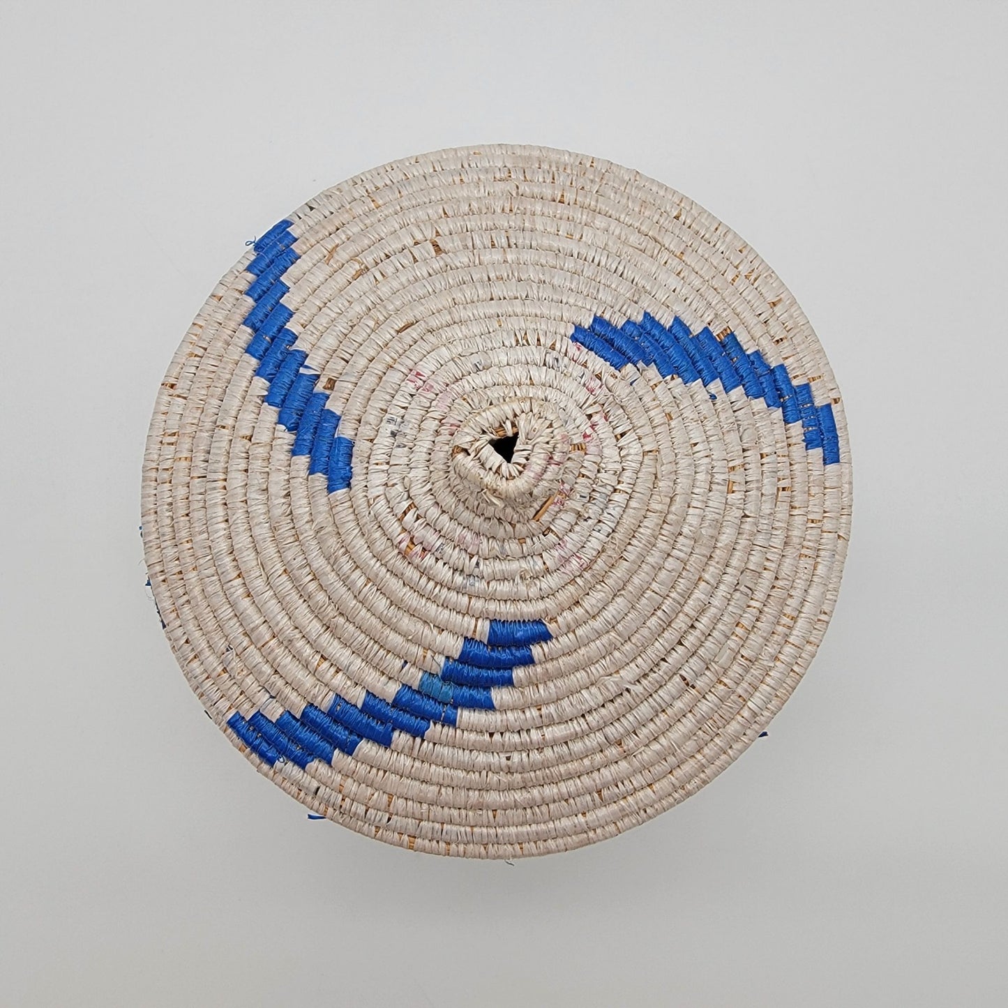 African Grass Blue Swirl Coiled Woven Basket With Lid